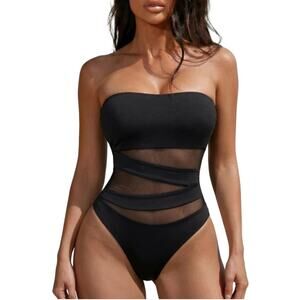 Holipick Women Black Bandeau One Piece Swimsuit Mesh Cutout Tummy L NWT